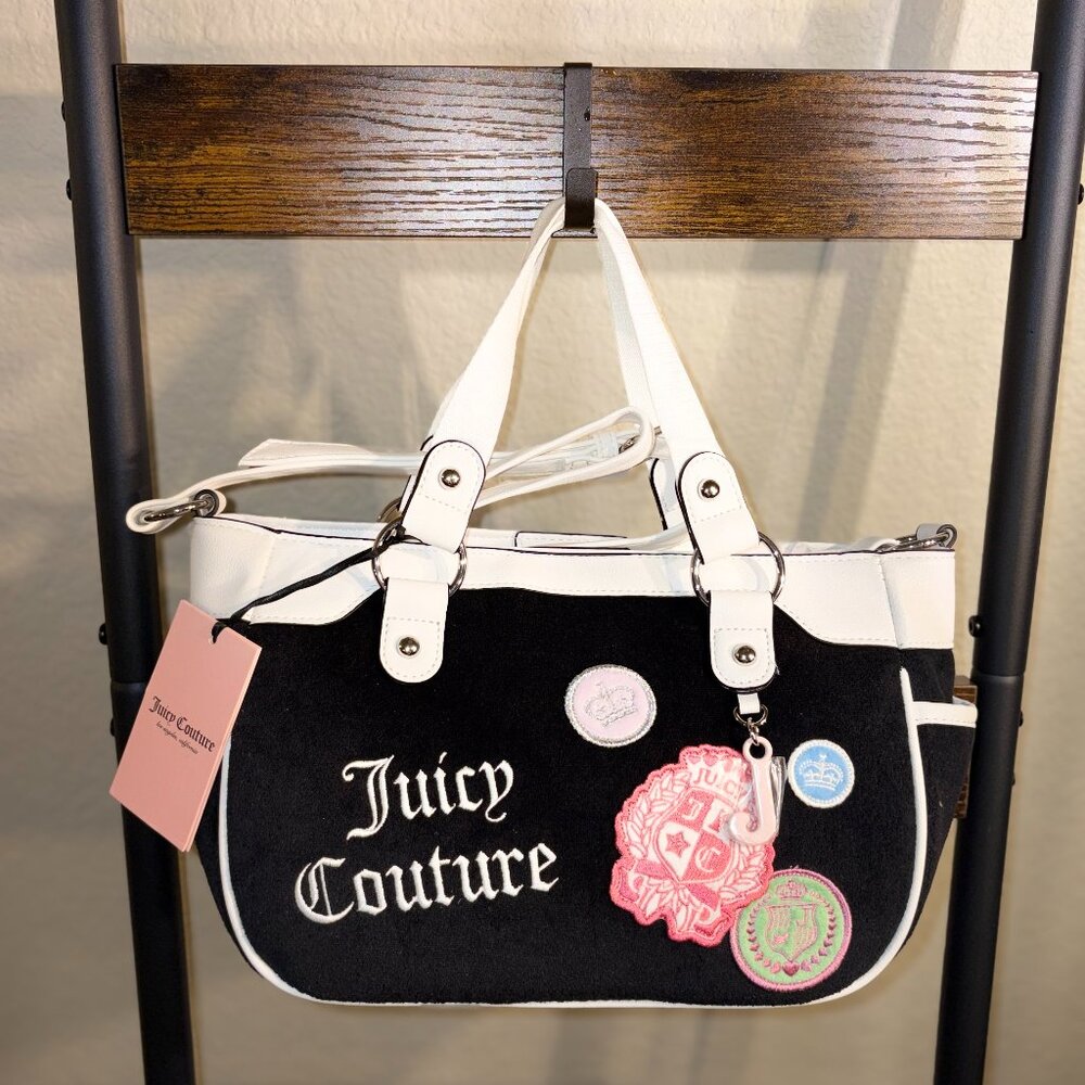 Juicy Couture Juicy Girls Rule Shoulder Bag Black Velour Embroidered Logo Patch